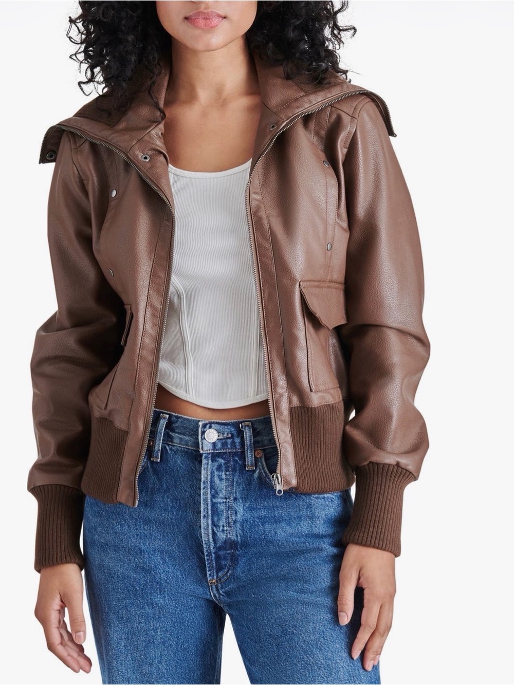 Steve Madden Brown Faux-Leather Bomber Jacket